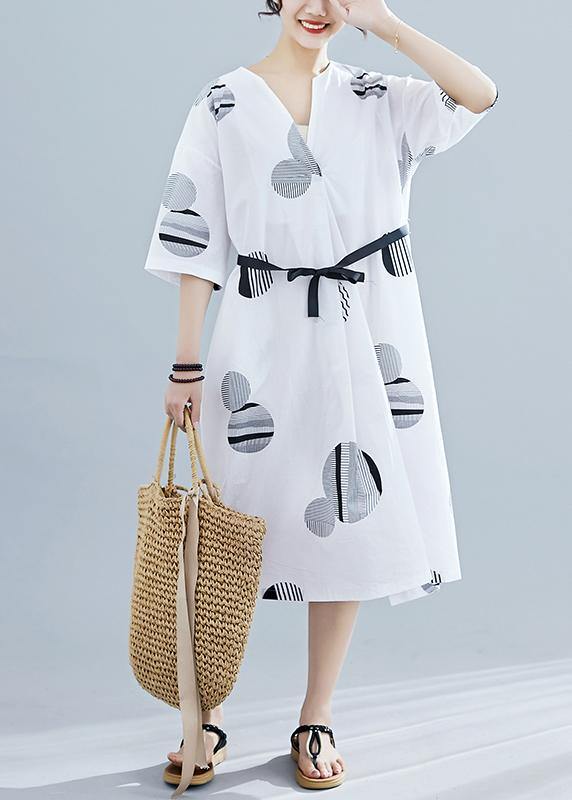 Loose v neck half sleeve linen Tunics Neckline white dotted Dress summer