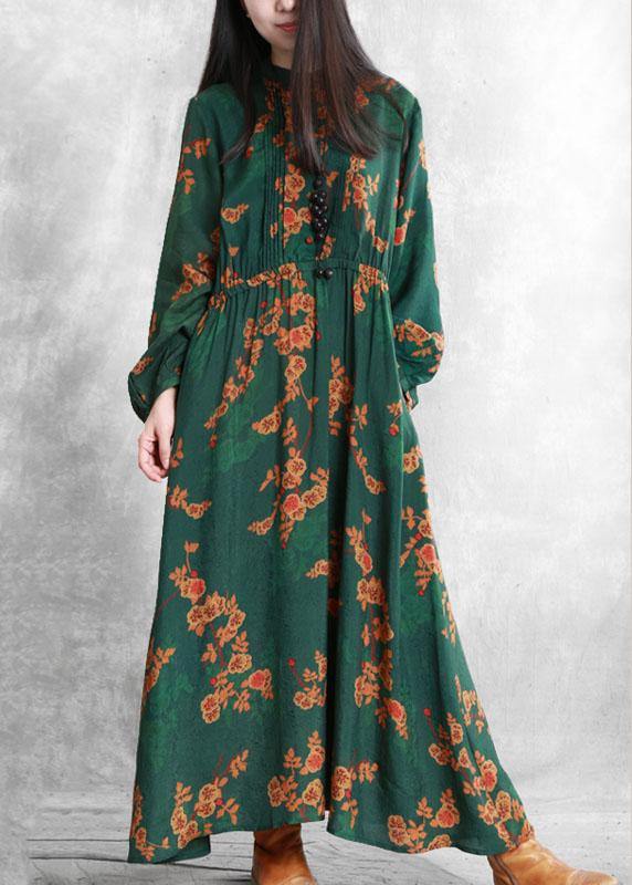 Bohemian stand collar Cinched quilting clothes Fabrics green print Kaftan Dresses