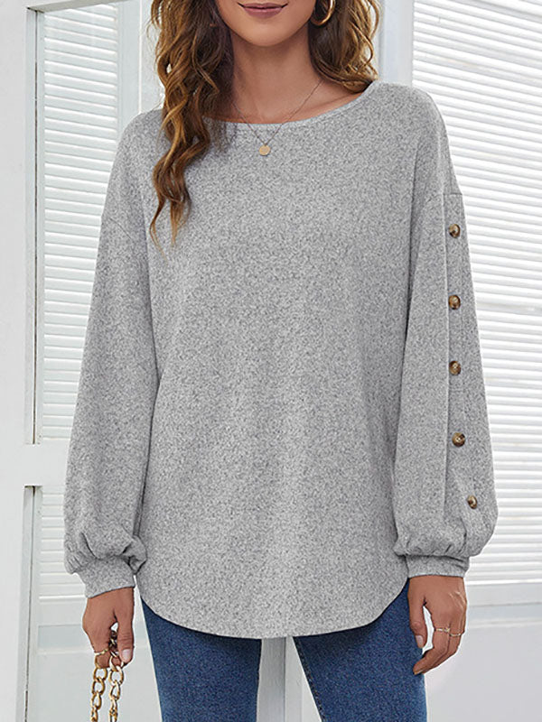 Simple Loose Long Sleeves Solid Color Round-Neck T-Shirts Tops