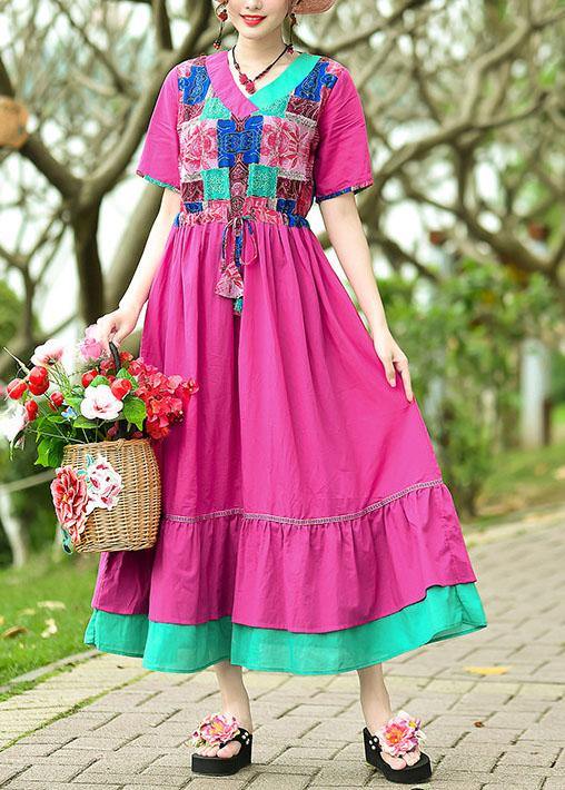 Elegant rose cotton clothes v neck patchwork Maxi summer Dresses