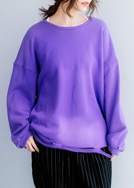 Women Hole hem cotton o neck clothes Neckline purple shirt