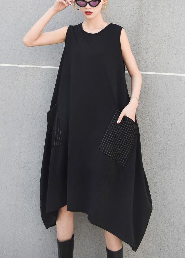 Beautiful black striped pockets cotton clothes sleeveless Maxi summer Dresses
