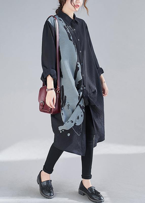 Organic Black Print Dresses Lapel Patchwork Loose Spring Dress