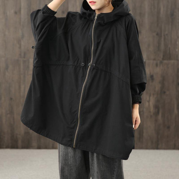 Handmade hooded zippered tops women blouses Work black shirt