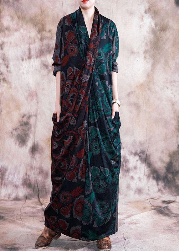 French red patchwork green print cotton tunic v neck Cinched long fall Dresses