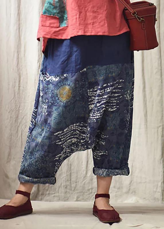 Italian linen trousers Vintage Printed Low Crotch Casual Harem Pants