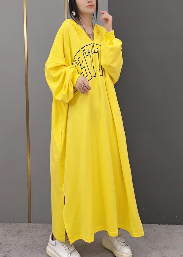 DIY Hooded Side Open Spring Quilting Clothes Yellow Letter Long Dresses