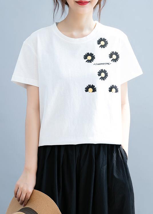 Unique white daisy print tops women o neck short blouse