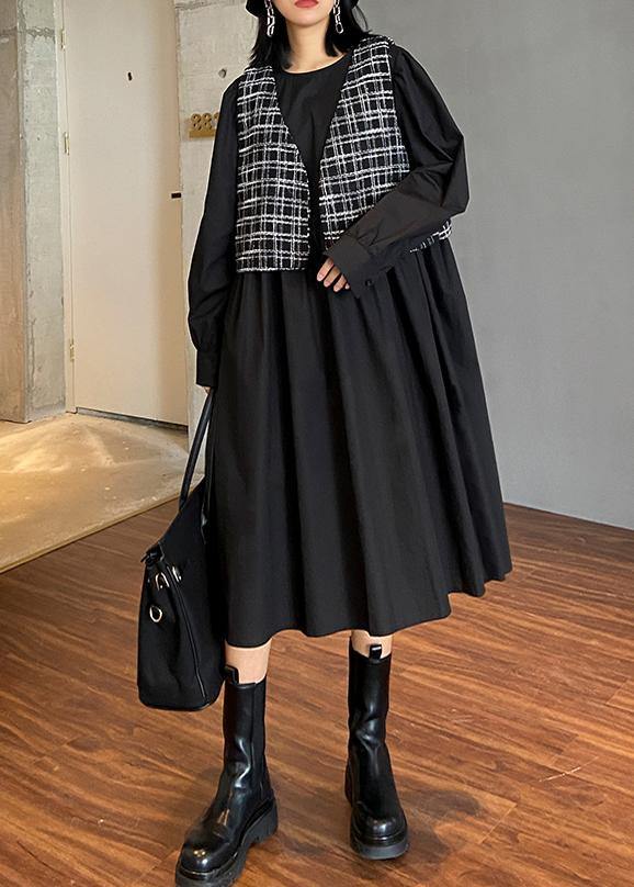 Elegant o neck patchwork plaid clothes Inspiration black Plus Size Dress