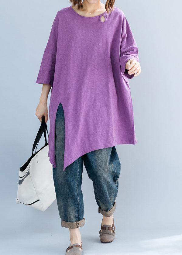 Art purple o neck cotton box top asymmetric hem Plus Size Clothing summer top