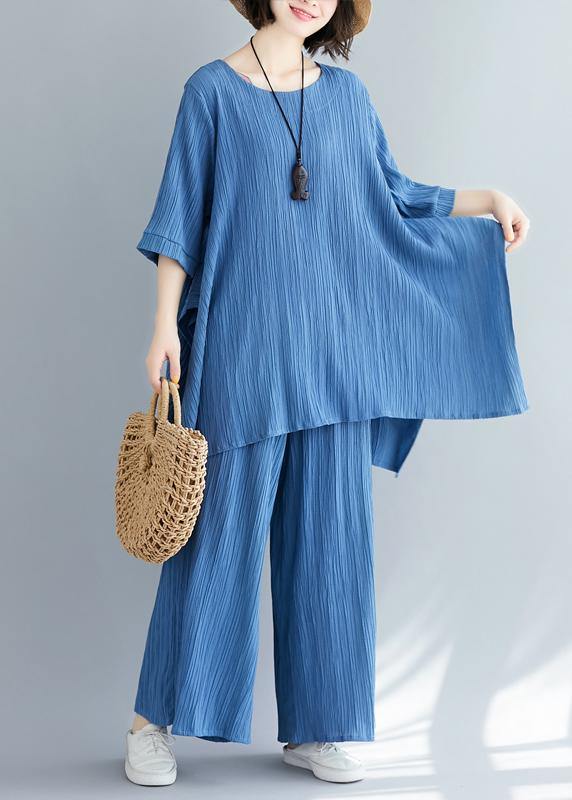 Summer new women's solid color retro blue jacquard cotton sleeves shirt