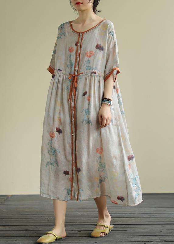 Diy Floral Chiffon Long Shirts O Neck Drawstring Robe Summer Dresses