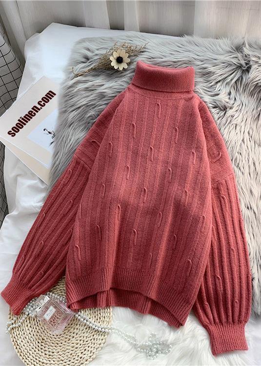 Fashion high neck  purpke redknit tops oversized cable knitted top