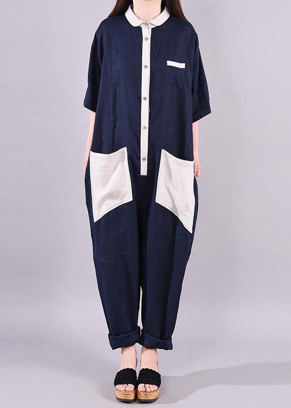 Women linen Fitted Fashion Spliced Big Pockets Casual Romper