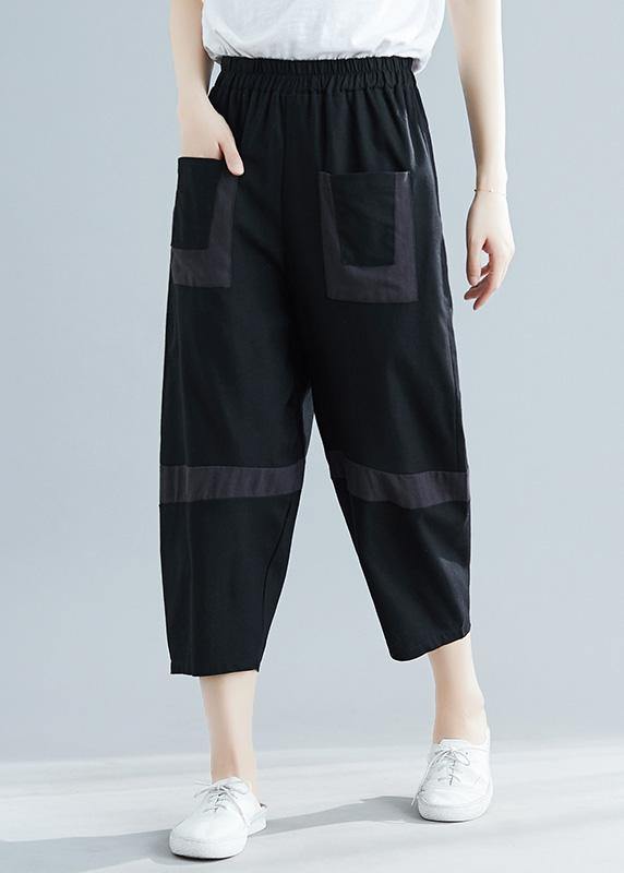 summer new black blended cotton pants elastic women casual crop pants