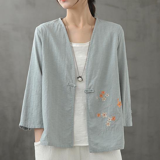 Organic light blue shirts v neck Chinese Button Knee blouse