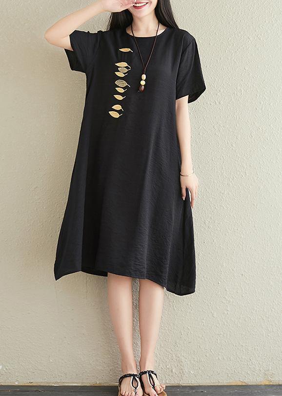 Vivid o neck embroidery cotton linen dresses Tutorials black Dresses summer