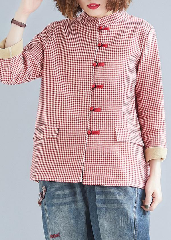 French red plaid cotton linen top silhouette Outfits stand collar pockets blouses