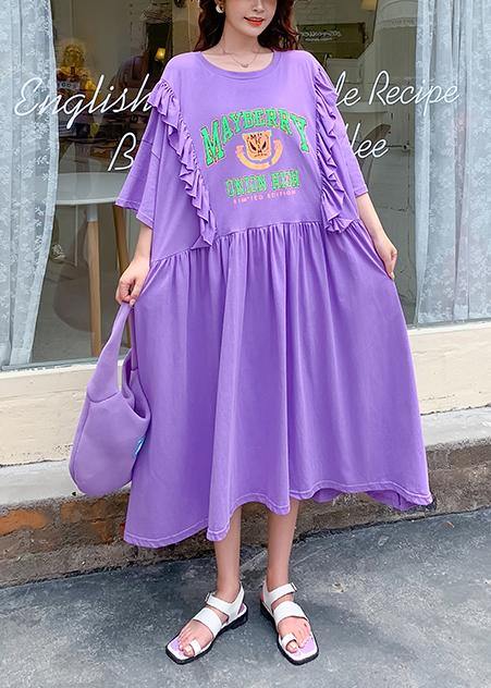 DIY o neck Ruffles clothes Outfits purple Cartoon print long Dress