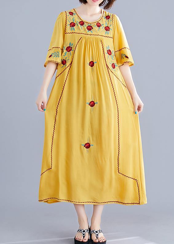 Women o neck Cinched cotton linen Robes Fabrics yellow embroidery Dresses summer