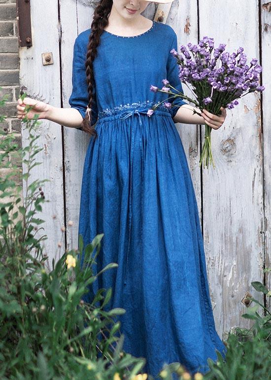 Women O Neck Drawstring Spring Tunic Runway Blue Long Dresses