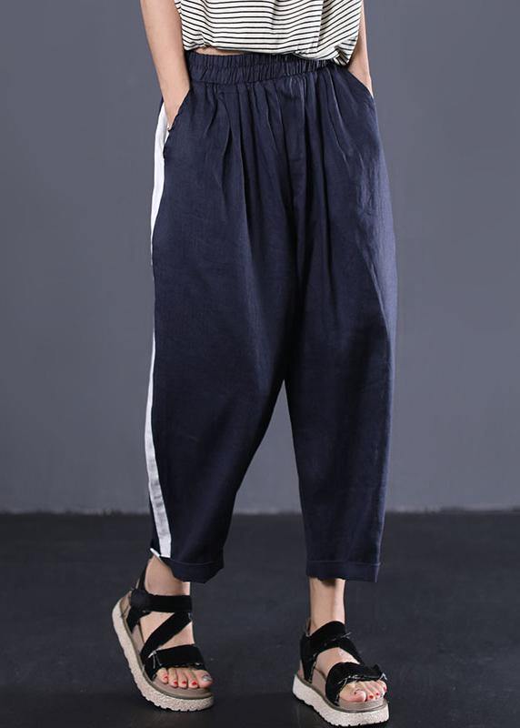 dark blue casual cotton elastic waist white striped patchwork pants