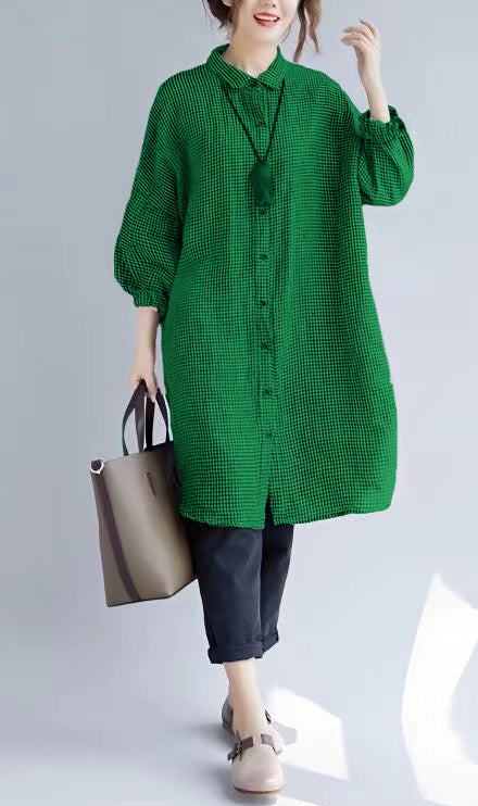 stylish Green Plaid cozy cotton t shirt oversize Turn-down Collar cotton blouses Fine long sleeve tops