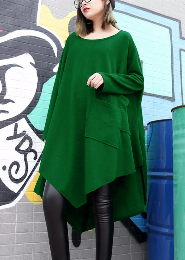 Fine green cotton silk dress plussize asymmetric hem traveling dress boutique o neck gown