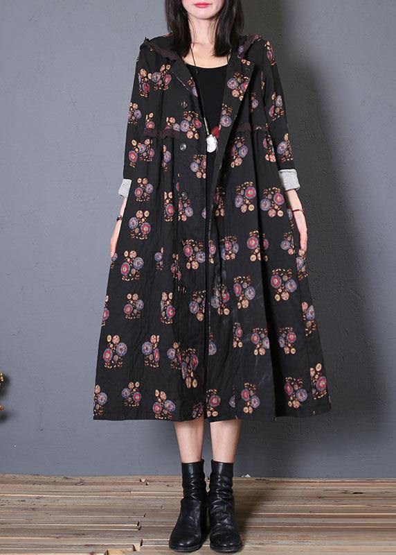 fine casual long coat fall black print hooded Cinched overcoat