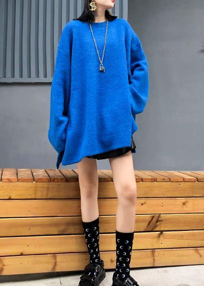 Fashion blue knitted pullover plus size clothing winter knit tops side open