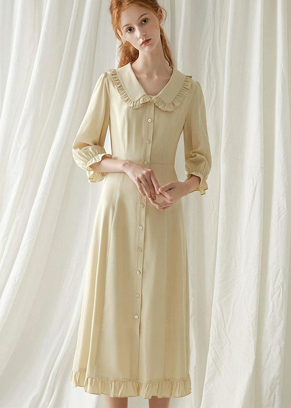 Elegant beige nude blended quilting dresses Peter pan Collar cotton fall Dresses