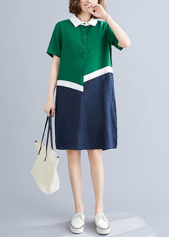 Style green cotton linen quilting clothes Peter pan Collar shift summer Dresses