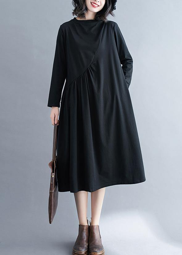Elegant O Neck Wrinkled Spring Tunics Outfits Black Maxi Dress