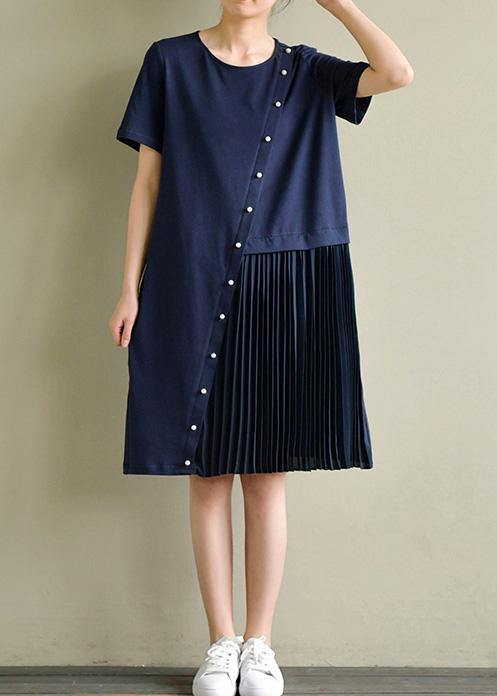 DIY o neck Cinched asymmetric Cotton Tunic Catwalk navy Dresses summer