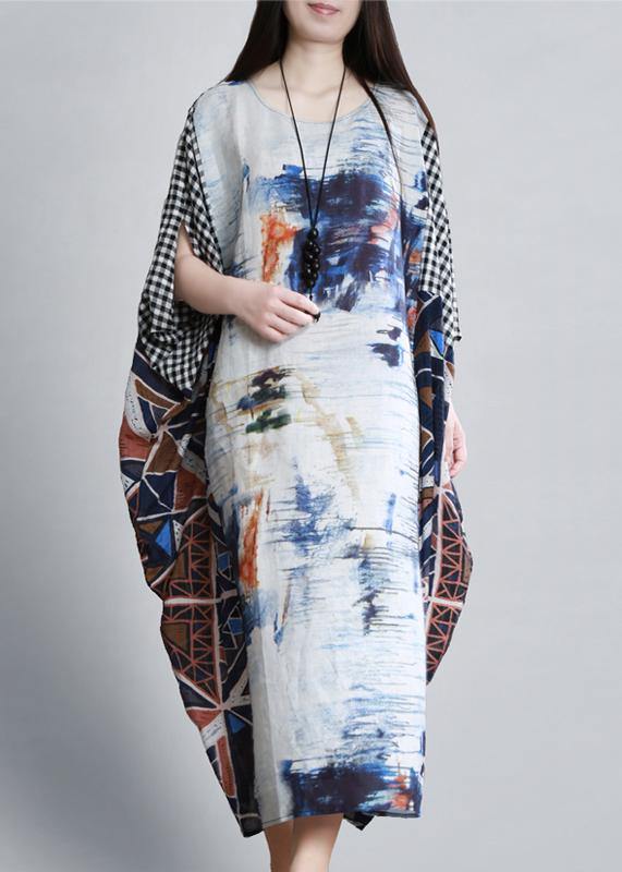 Elegant o neck Batwing Sleeve Long dress Runway blue white print Dress