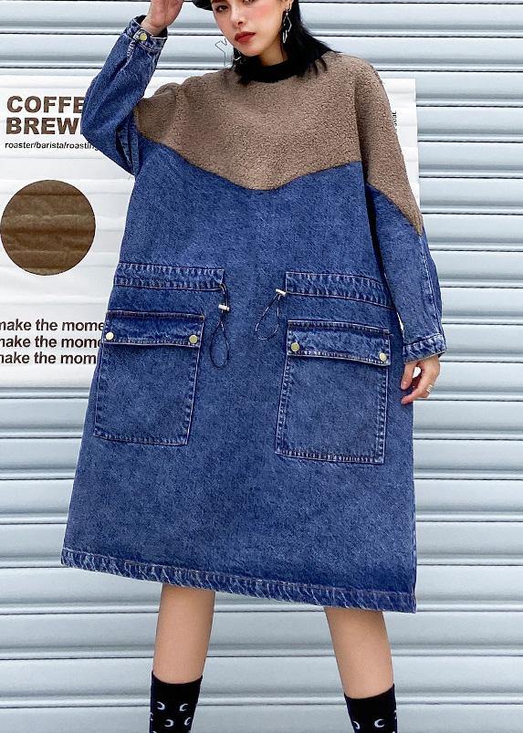 Vivid Denim Blue Clothes Women Patchwork Drawstring Robe Spring Dresses