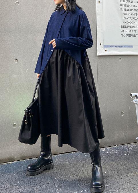 Italian black patchwork blue dress women lapel Cinched oversized dress