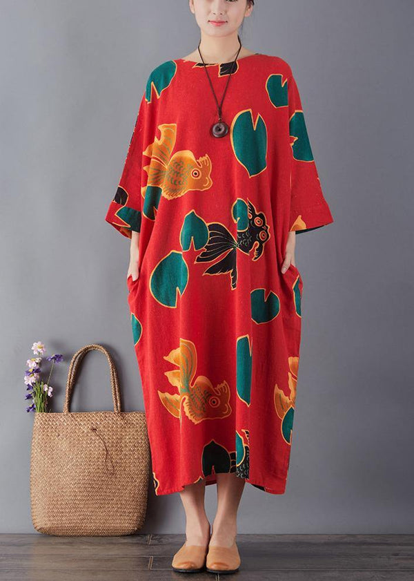 Simple red print cotton dress o neck pockets Maxi summer Dresses