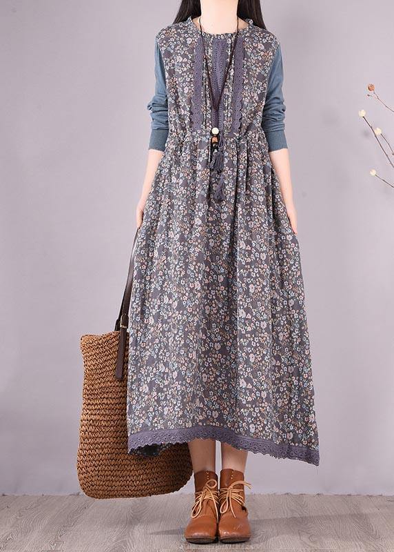 Beautiful Blue Patchwork Print Dresses O Neck Lace Robe Spring Dresses