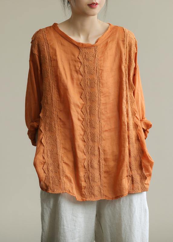 Organic o neck patchwork lace fall tunics for women Shirts orange shirts