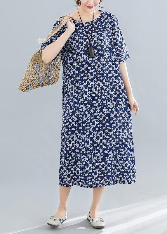 Vivid navy print cotton linen clothes For Women o neck pockets Maxi summer Dress