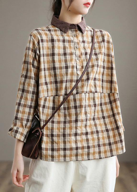 Women Lapel Patchwork Spring Shirts Fabrics Lighe Orange Plaid Blouses