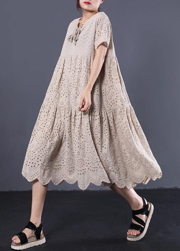 French khaki cotton dresses asymmetric hollow out Art summer Dresses