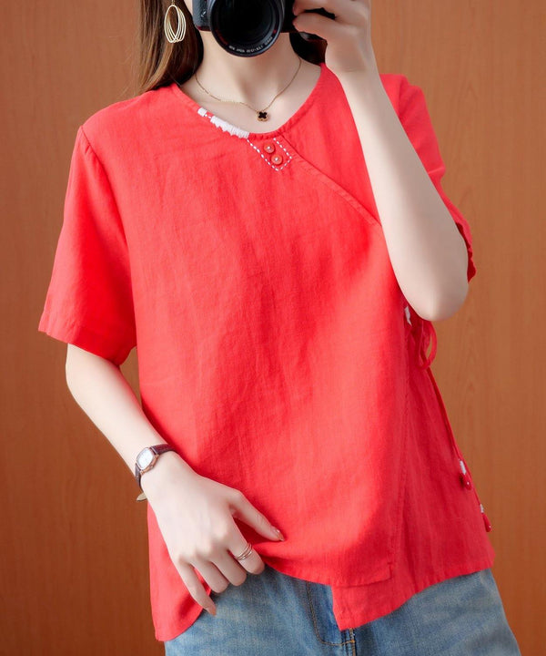 Handmade red embroidery shirts women v neck tie waist cotton top