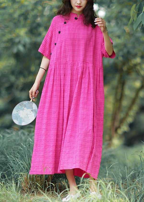 Elegant stand collar linen summer Robes Photography rese plaid Dress