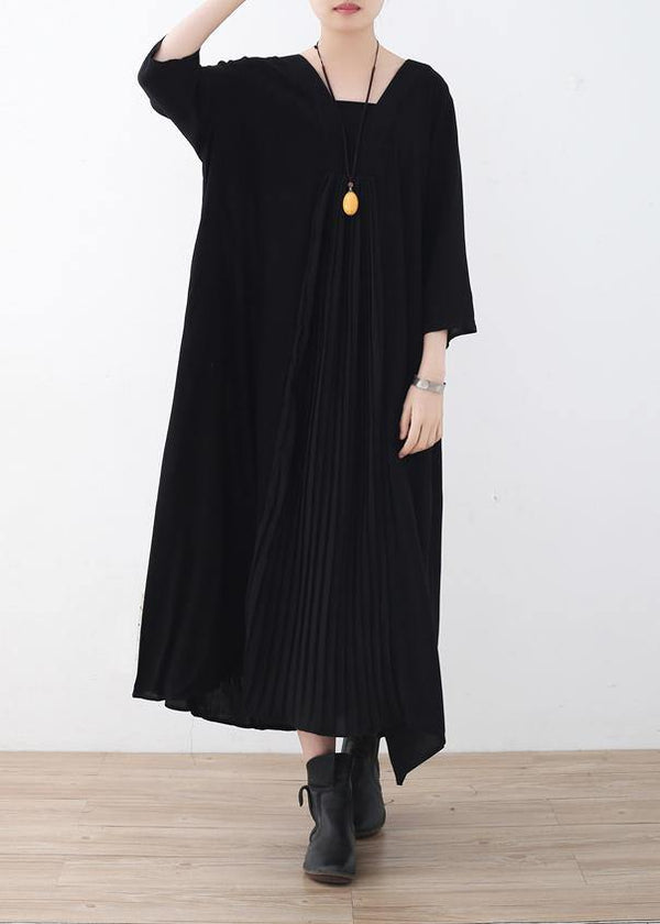 Women black v neck chiffon quilting dresses Cinched Maxi summer Dress