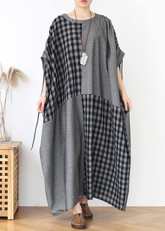 French dark gray plaid clothes For Women o neck patchwork long fall Dress