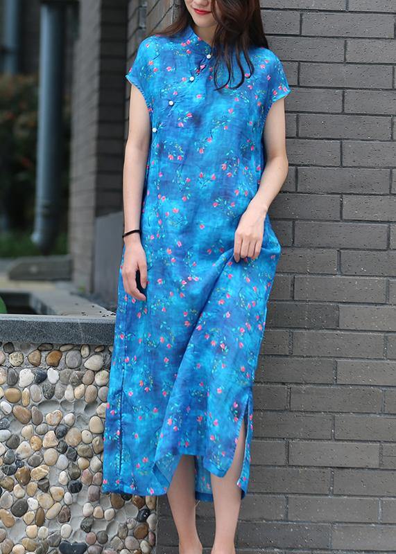 Organic blue print linen clothes For Women stand collar side open Kaftan Dresses