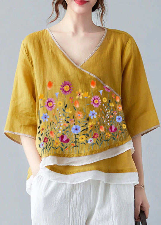 French Yellow flower V Neck asymmetrical design Shirt Spring