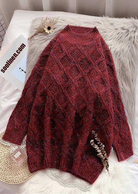 Women burgundy Sweater outfits plus size o neck thick Art  knitted tops